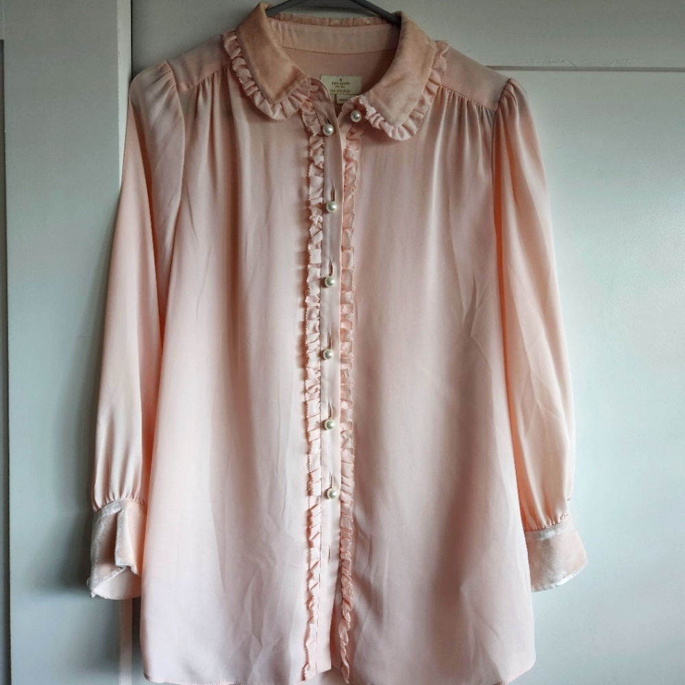 Kate Spade Velvet & Pearl Baby Pink Blouse Small